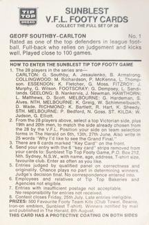 1975 Tip Top VFL Footy #1 Geoff Southby Back